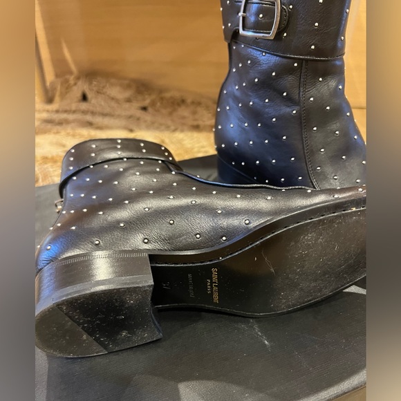 SAINT LAURENT | YSL Black Studded Leather Ankle Boots - Picture 6 of 11